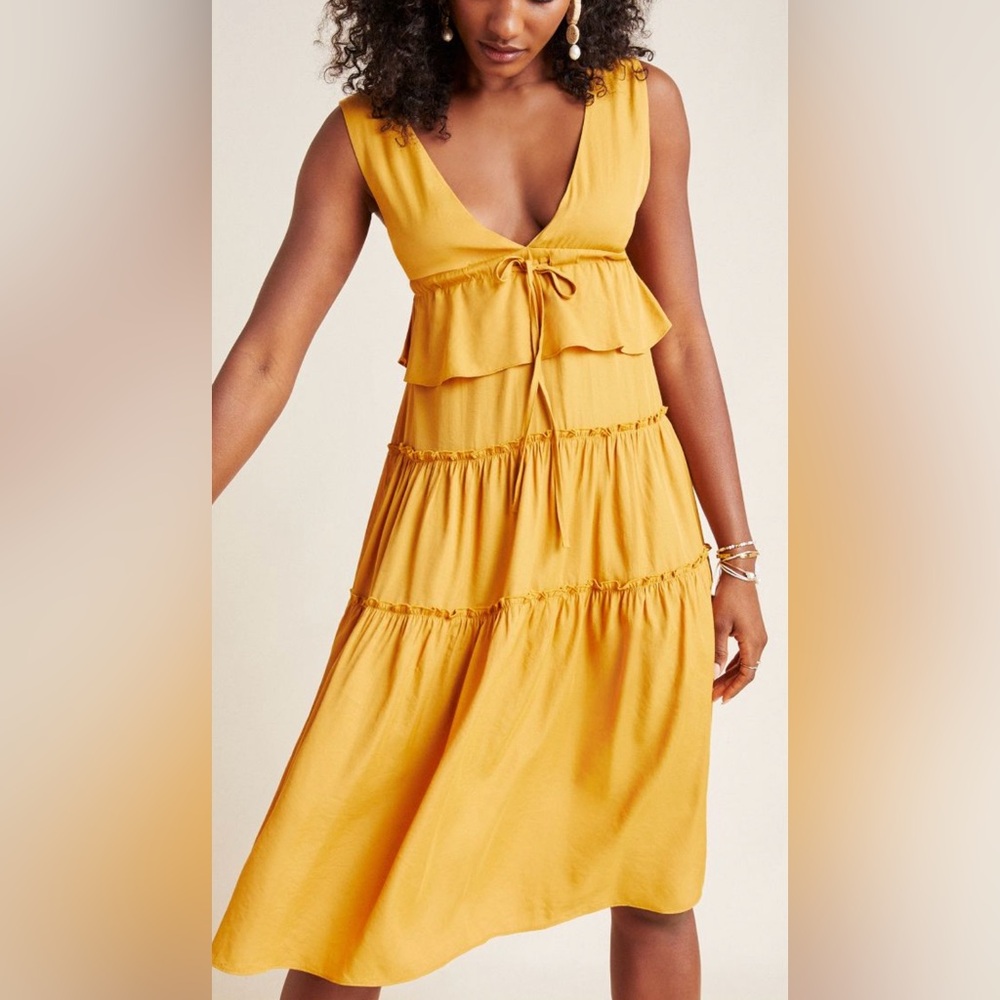 Anthropologie Dark Yellow Demeter Tiered Midi Dress